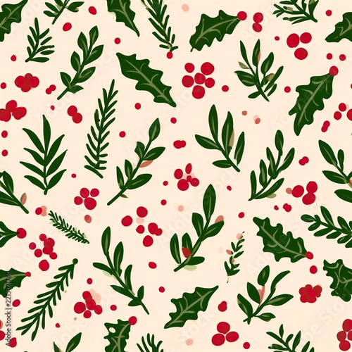 Seamless Christmas Botanical Pattern with Holly Leaves, Red Berries and Evergreen Branches
