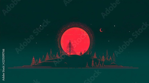 Minimalist Night Landscape with Large Red Sun, Forest Silhouettes and Crescent Moon on Dark Teal Background