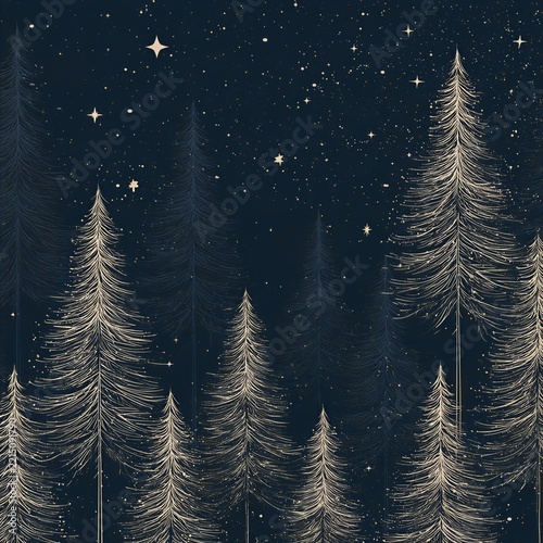 Enchanting Winter Forest with Snowy Pine Trees and Starry Night Sky in Dark Blue Tones