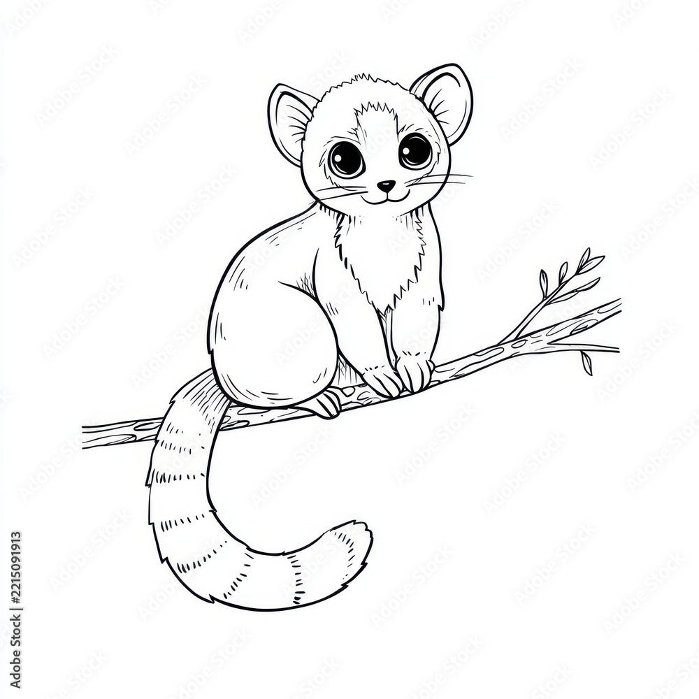 Fototapeta premium Cute Little Lemur Sitting On A Branch Simple Line Art Illustration With Clean White Background