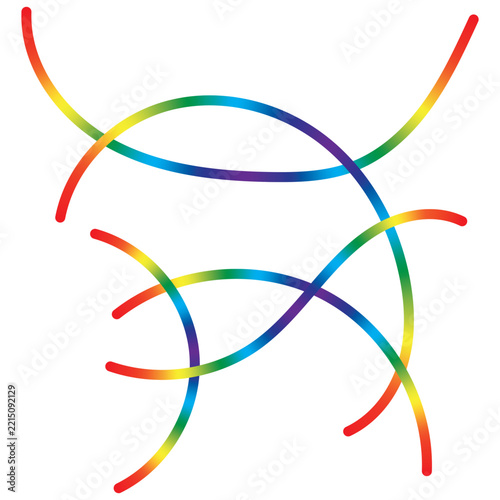 Vibrant Multicolor Abstract Line Art with Overlapping Curves, Loops and Dynamic Wave Patterns. Abstract neon squiggle line flowing in smooth curvy loops with vibrant rainbow gradient on white BG.