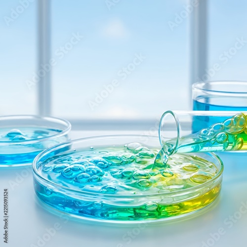 Scientist pouring colorful liquid into petri dish for laboratory experiment.