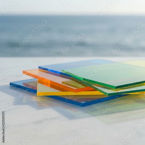 Stack of colorful acrylic sheets on a table with ocean background.