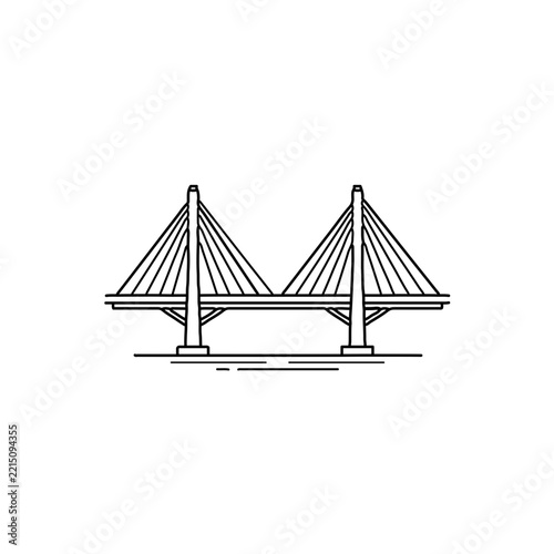 Clean outline suspension bridge icon featuring precise diagonal steel cables and sturdy vertical concrete pillars in a minimalist line art style on a white background.
