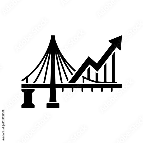 icon featuring a suspension bridge cable transforming into an upward-trending growth chart with an arrow, symbolizing economic progress, business success, and solid foundations.

