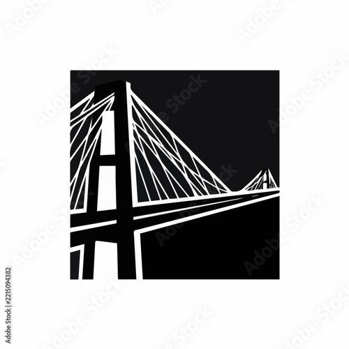 Modern negative space suspension bridge silhouette featuring solid black pillars and sharp white cutout cables, creating a striking contrast for architectural and engineering themes.
