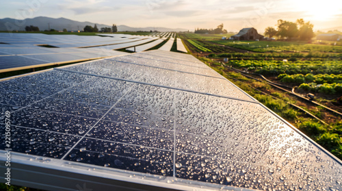 Agrivoltaics farm with rain covered solar panels over leafy crops stock photo, close up view of wet solar array with farm worker tending crops in rural countryside, and net zero sustainable farming.