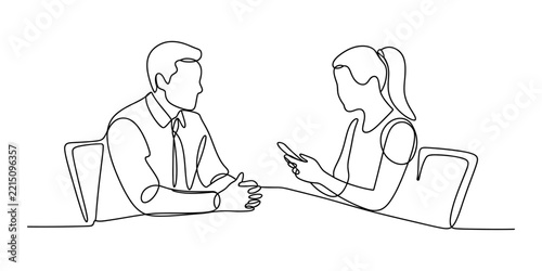 Continuous line drawing Business man and woman sitting at a meeting table having a discussion