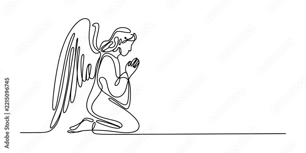 Fototapeta premium Continuous single line drawing of an angel praying on her knees