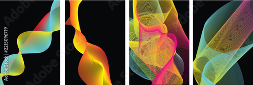 Set of four abstract backgrounds with colorful wavy line patterns