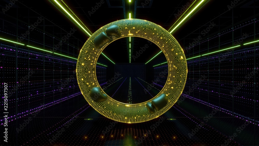 Fototapeta premium Futuristic tunnel with glowing circular portal. Digital lights create immersive, dark environment. Mysterious, technological aesthetic dominates scene.