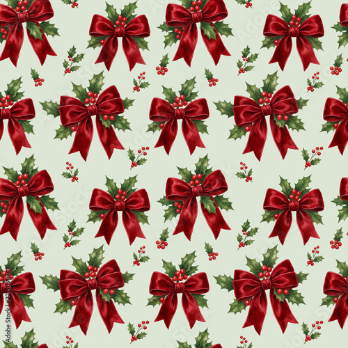 Elegant Red Velvet Bow and Holly Christmas Seamless Pattern-Pale Sage