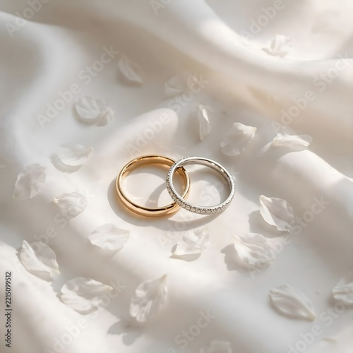 Soft white petals cradle two gold wedding rings