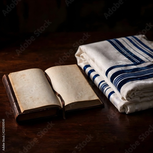 Folded Tallit Prayer Shawl Next to Open Prayer Book on Wooden Table