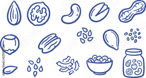Healthy Food Seeds Nuts and Natural Ingredients Doodle Collection