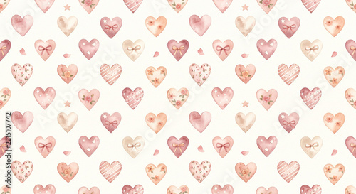 Cute Elegant Watercolor Heart Seamless Pattern with Delicate Flowers