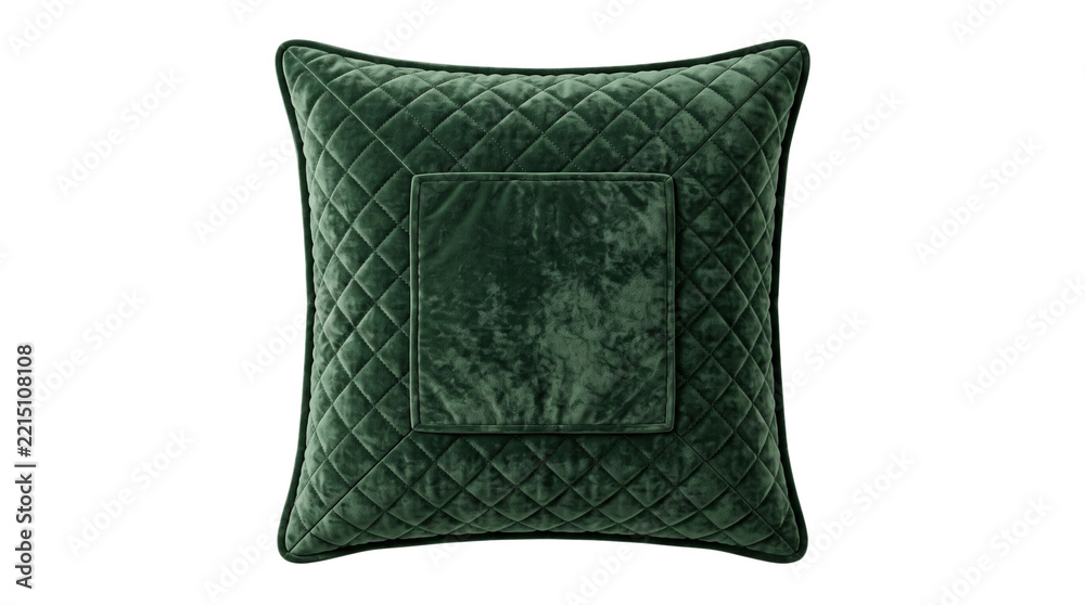 Fototapeta premium A luxurious dark green velvet throw pillow featuring a diamondquilted pattern and a smooth square center panel, isolated on transparent background