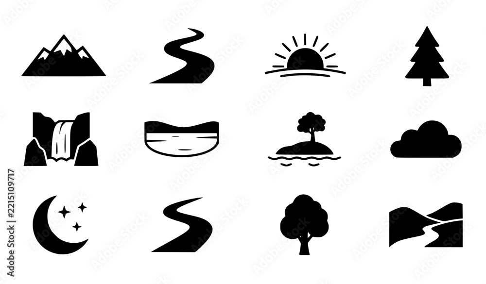 Fototapeta premium Minimal Nature Icons with Mountains River and Sun Black Vector Collection