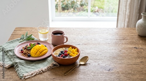 Healthy Fruit Breakfast with Mango Berries Yogurt and Coffee in Cozy Kitchen Setting