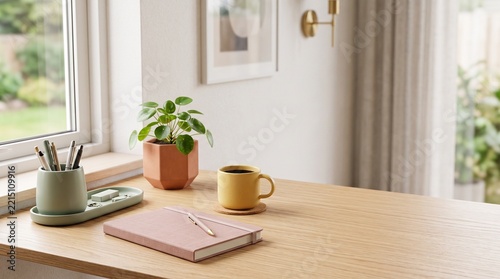 Bright Modern Home Office Desk with Notebook Coffee Mug and Potted Plant Near Window