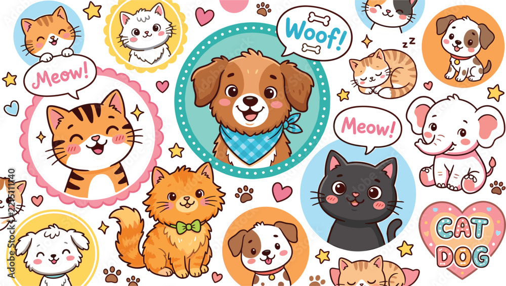 Fototapeta premium Cute cartoon domestic pets sticker collection featuring happy puppies kittens and a baby elephant in a playful pattern