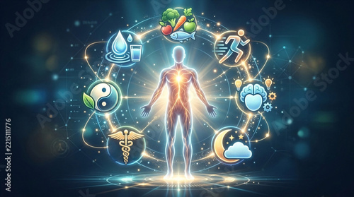 Luminous human body silhouette inside a glowing geometric wheel of wellness icons including food, fitness, brain health, sleep, and medicine.