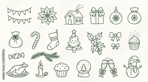 Winter Christmas Line Art Clipart Collection with Snowflake, Gift, Tree and Holiday Elements