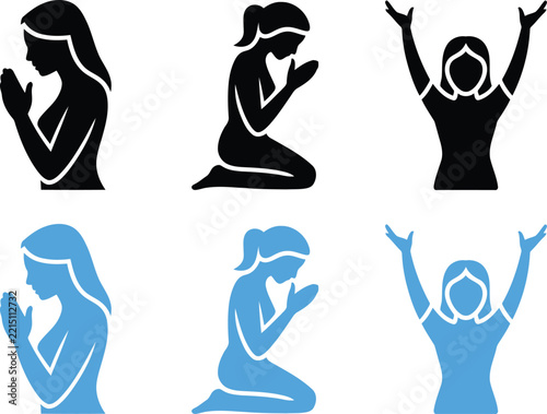 Woman praying and worshiping collection silhouette vector