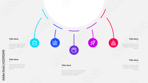Fivestep infographic design with vibrant icons, connecting lines, and text boxes on light background