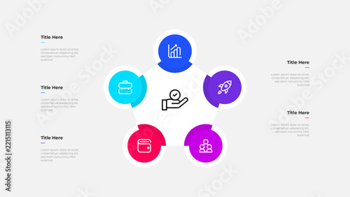Creative business infographic template with five colorful steps, central icon, and text for presentations