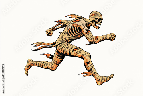 Skeletal mummy in flowing tattered bandages running with clawed hand reaching, retro comic Halloween illustration