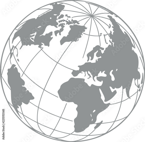 Grey globe world map with grid lines and continents