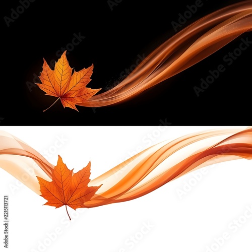 Dual orange maple leaves with glowing trails on split black and white background designs.