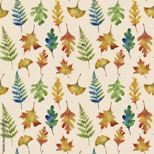 Watercolor Autumn Leaves Seamless Pattern with Oak, Maple, Ginkgo and Fern Foliage-Light Beige