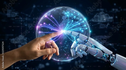 Human and Robot Hand Touching Glowing Digital Globe