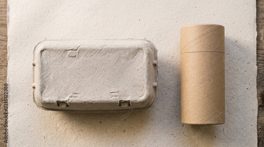 Obraz premium Sustainable cardboard packaging and paper tube on textured recycled