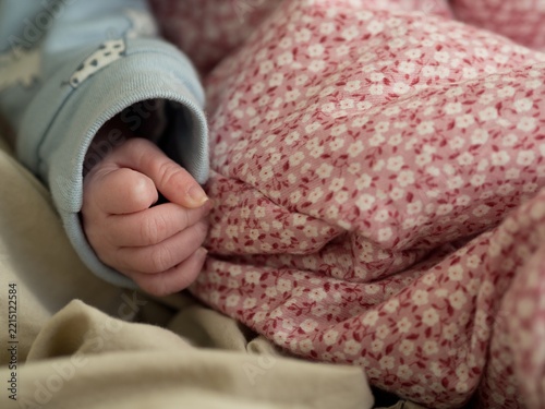 Newborn Baby Hand Closeup Infant Healthcare Neonatal Care Pediatric Health. Close-up of a newborn baby’s tiny hand resting on a soft blanket