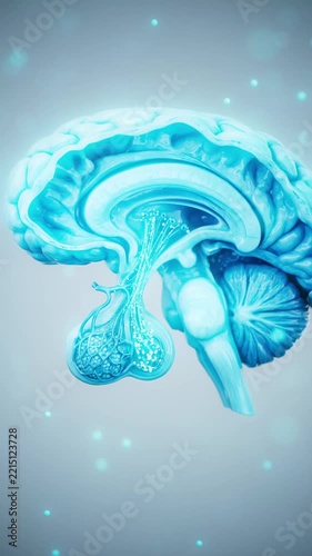 Conceptual 3D animation of the hypothalamus and pituitary axis in a sectioned brain
