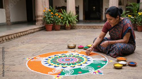 Woman Creating Traditional Rangoli Colored Powder Art on Courtyard Floor