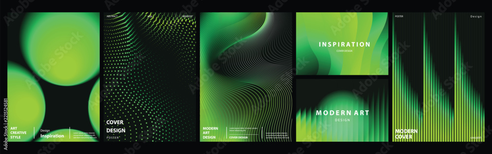 Naklejka premium Green Black Gradient Cover Collection Vector with Organic Shapes, Halftone Waves, Flowing Lines, Modern Futuristic Poster Design Templates