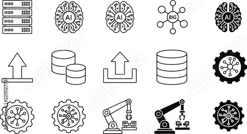 Set of black and white line icons representing data science artificial intelligence technology and industrial automation processes