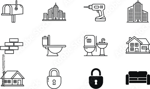 A collection of black and white line art icons representing various real estate construction and home improvement concepts