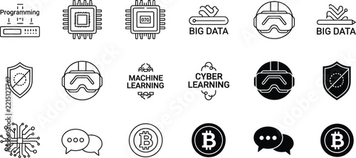Set of black and white cryptocurrency and blockchain technology icons featuring digital coins and network security symbols