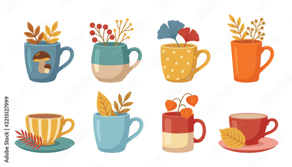 Fototapeta premium Autumn cozy mug and teacup icon set. Ceramic cups, fall leaves, berries, mushroom print, warm drinks, yellow polka dots, seasonal decoration and hygge kitchen elements.