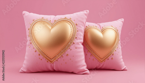 Pink pillows with golden heart on pink background