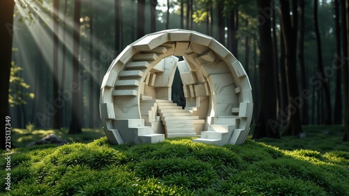 Circular stairs ascend within stone structure. Forest surrounds grassy mound. Light beams penetrate trees, creating dramatic effect.