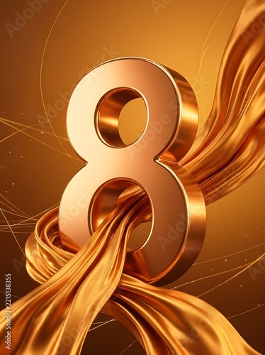 Golden Number Eight with Flowing Silk on Abstract Background