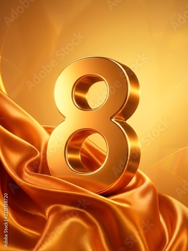 Golden Number Eight on Luxurious Satin Fabric Background