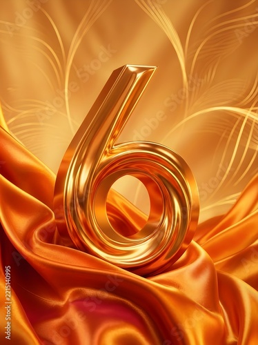 Golden Number Six on Luxurious Satin Fabric Background