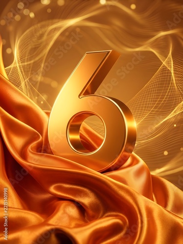 Golden Number Six on Luxurious Silk Fabric Background
